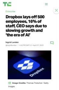 Read more about the article Dropbox CEO Drew Houston kündigt Entlassung von 16% der Mitarbeiter an.