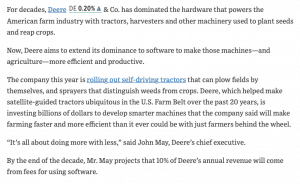 Read more about the article John Deere prognostiziert Einnahmen aus Softwaregebühren
