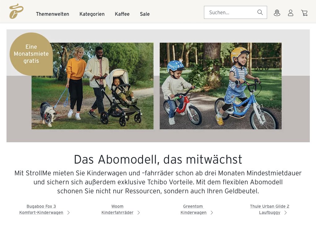 You are currently viewing Kunden können auf der Plattform von Tchibo Kinderwagen und Fahrräder im Abo mieten.