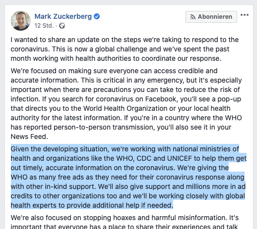 You are currently viewing Mark Zuckerberg kündigt Maßnahmen gegen Fehlinformationen zu COVID-19 auf Facebook an