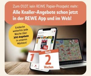 Read more about the article REWE wird zum 1. Juli den gedruckten Werbehandzettel in Papierform für alle seine Märkte abschaffen.