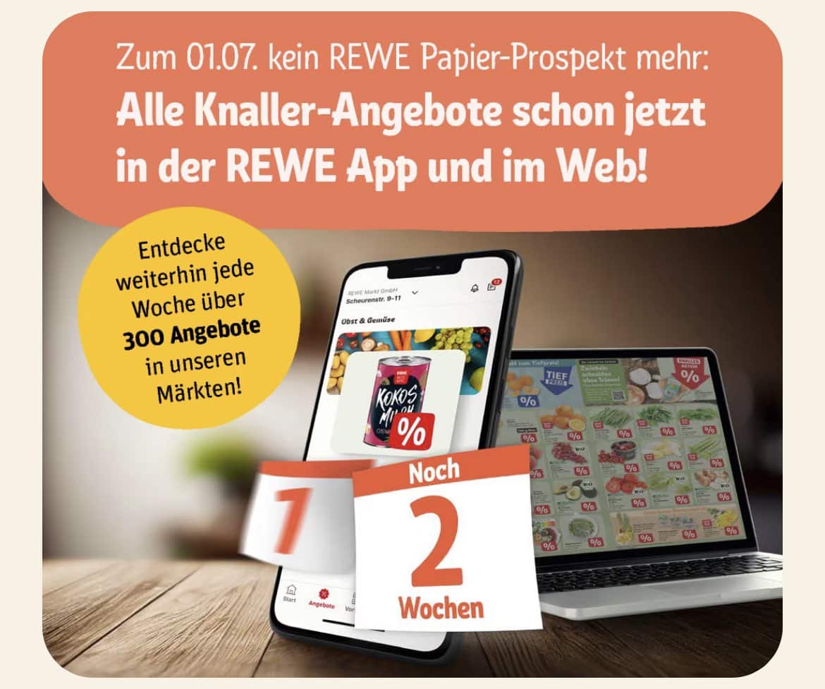 Read more about the article REWE wird zum 1. Juli den gedruckten Werbehandzettel in Papierform für alle seine Märkte abschaffen.