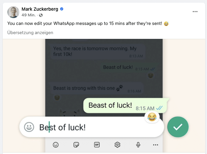 Read more about the article WhatsApp-Nachrichten können jetzt bearbeitet werden.